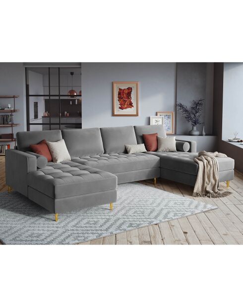Canapé panoramique velvet santo 6 places gris clair - 320x170x90 cm