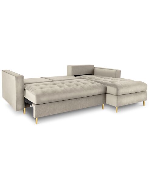 Canapé d'angle droit velours convertible avec coffre de rangement santo 5 places beige - 240x175x96 cm