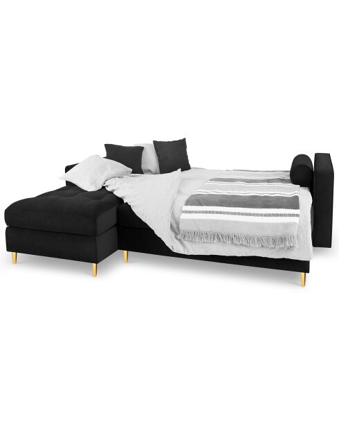 Canapé d'angle gauche velours convertible avec coffre de rangement santo 5 places noir - 240x175x96 cm