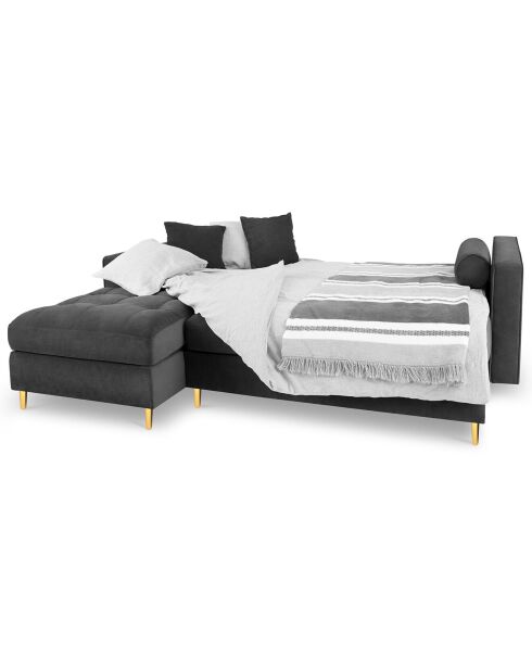 Canapé d'angle gauche velours convertible avec coffre de rangement santo 5 places gris foncé - 240x175x96 cm