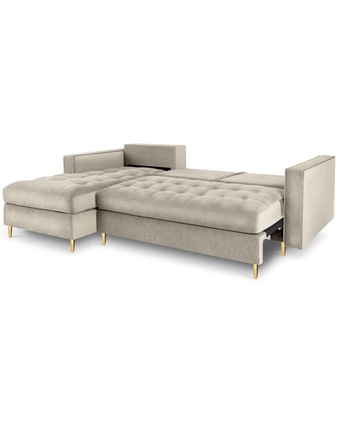 Canapé d'angle gauche velours convertible avec coffre de rangement santo 5 places beige - 240x175x96 cm