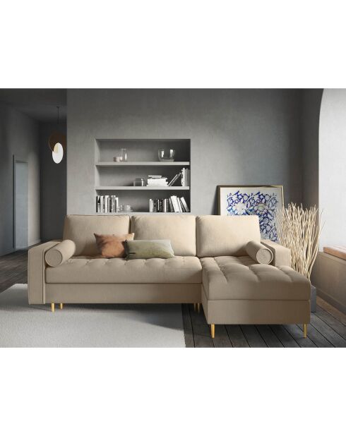 Divano angolare destro convertibile a 5 posti Santo con contenitore beige - 240x175x96 cm
