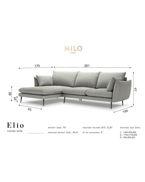 Canapé d'angle gauche elio 4 places gris clair - 251x170x97 cm