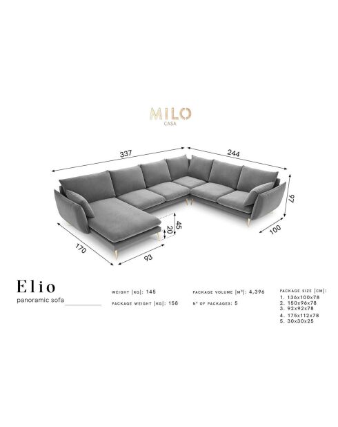 Canapé d'angle droit panoramique Elio 7 places gris clair - 337x244x95 cm