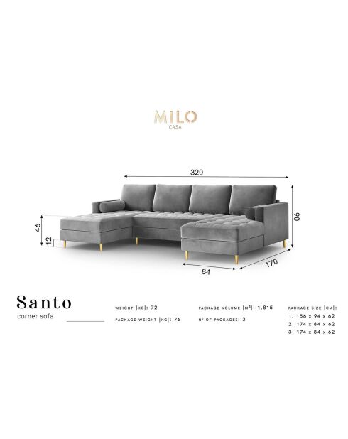 Canapé panoramique velvet santo 6 places noir - 320x170x90 cm