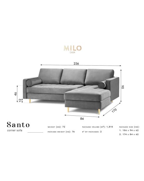 Divano angolare destro a 4 posti Santo in velluto grigio chiaro - 236x170x90 cm