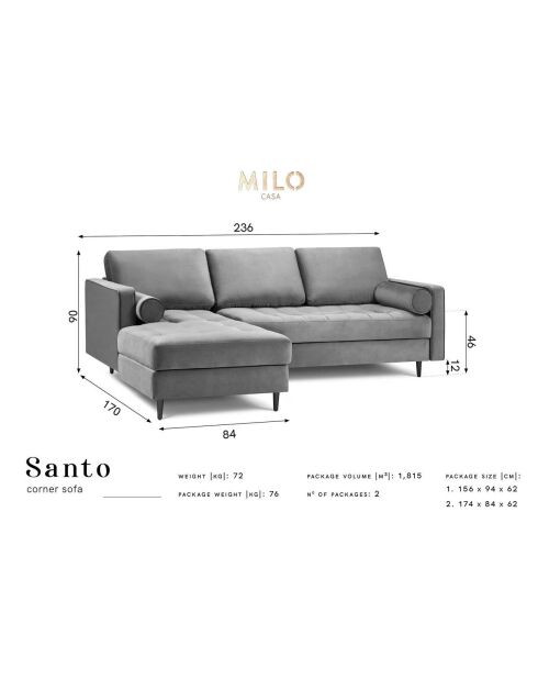 Canapé d'angle gauche velours santo 4 places gris foncé - 236x170x90 cm