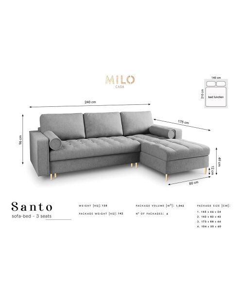 Canapé d'angle droit velours convertible avec coffre de rangement santo 5 places gris - 240x175x96 cm