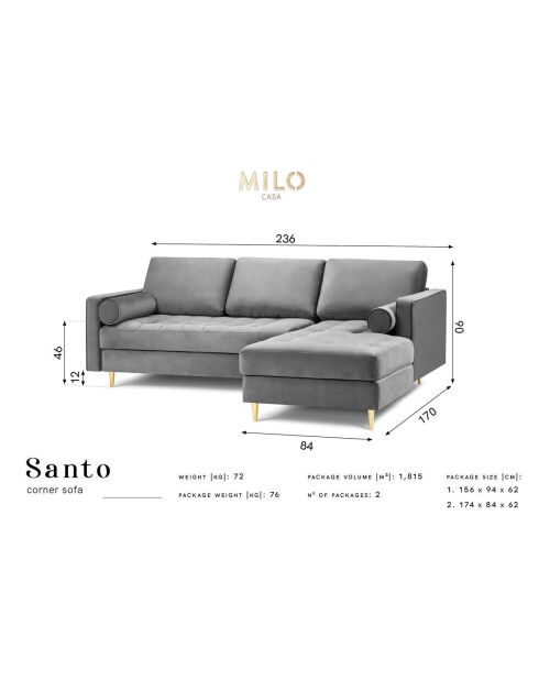 Sofá esquinero derecho Santo de terciopelo de 4 plazas azul real - 236x170x90 cm