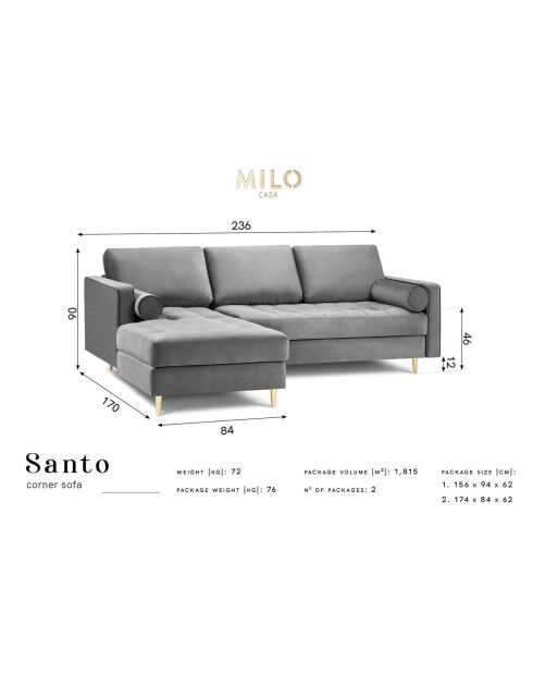 Divano angolare sinistro Santo in velluto 4 posti grigio scuro - 236x170x90 cm