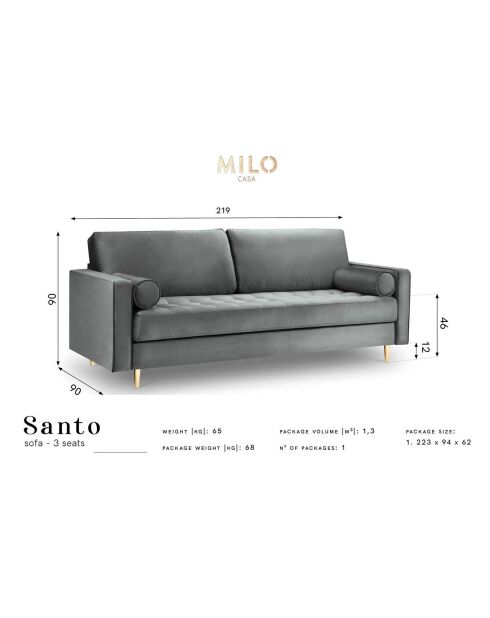 Canapé Velours Santo gris foncé - 219x90x90 cm