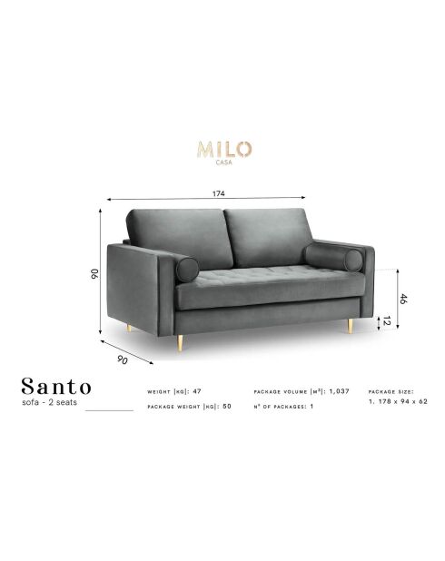 Canapé Velours Santo noir - 174x90x90 cm