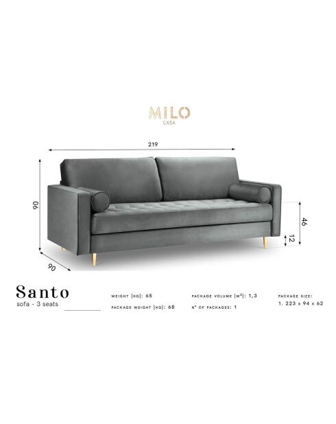 Canapé Velours Santo noir - 174x90x90 cm