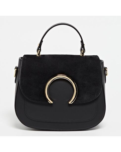 Zwarte Mina leren handtas van leer en fluweel - 24x19x10,5 cm