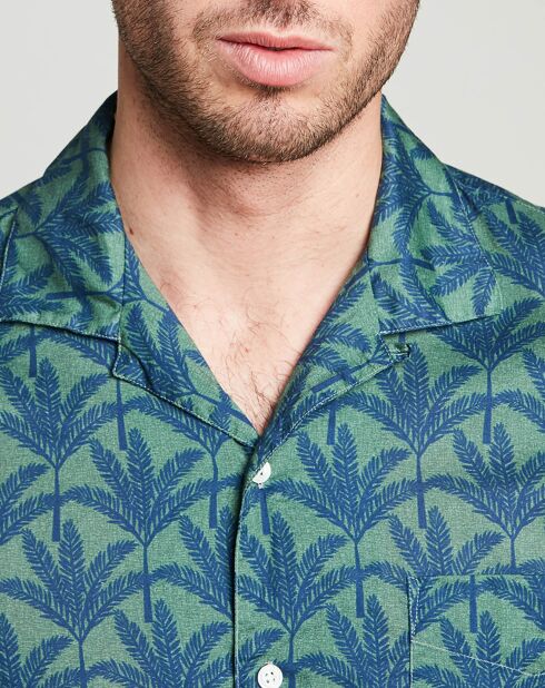 Blauw/kaki slim shirt met Slam-print