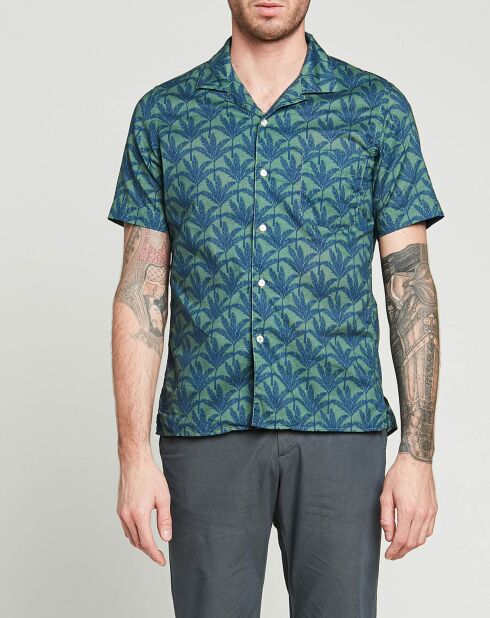 Blauw/kaki slim shirt met Slam-print