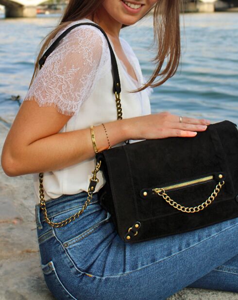 Sac bandoulière en Velours de Cuir Seren Chaîne noir - 23.5x10x17 cm