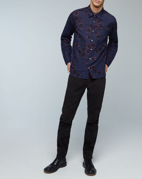Camicia dritta Constantine in lino e cotone con stampa blu marino