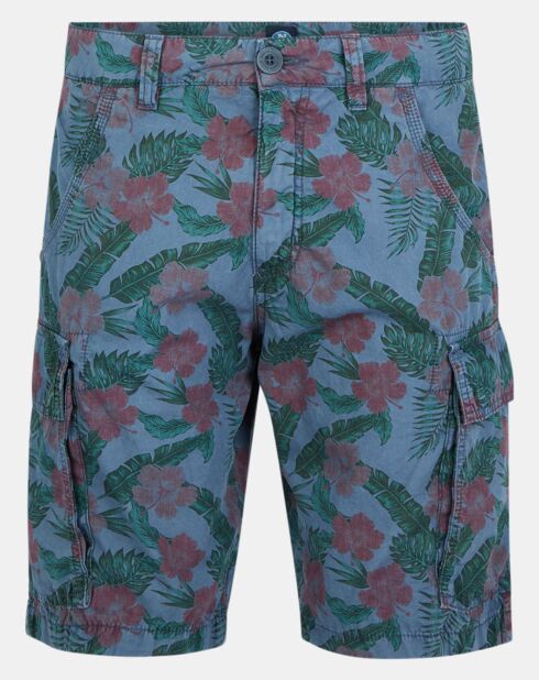 Popplin regular cargoshort met vintage blauw/groene print