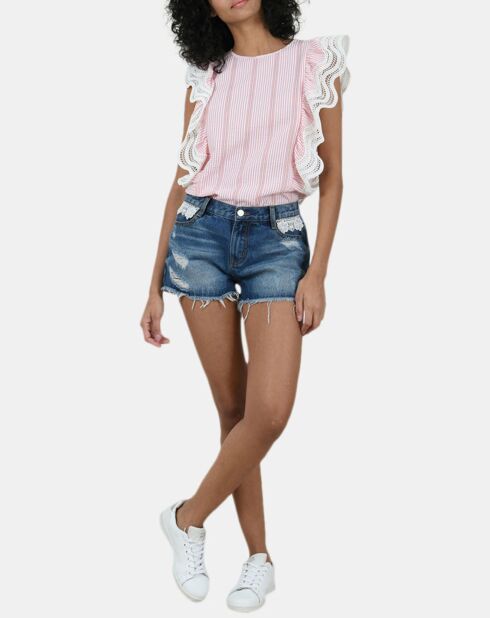 Top Lily à rayures & volants ajourés rose/blanc