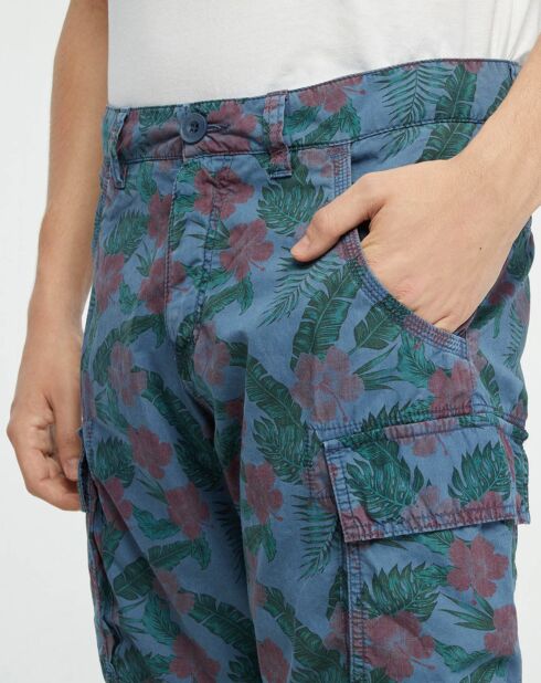 Popplin regular cargoshort met vintage blauw/groene print