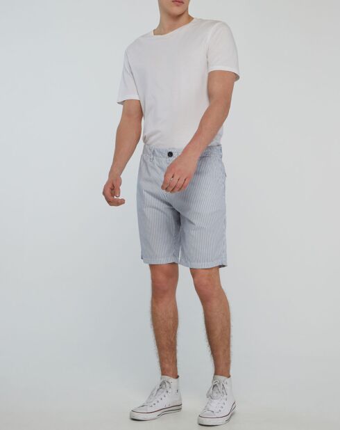 Popplin slim chinoshort met wit/blauwe strepen