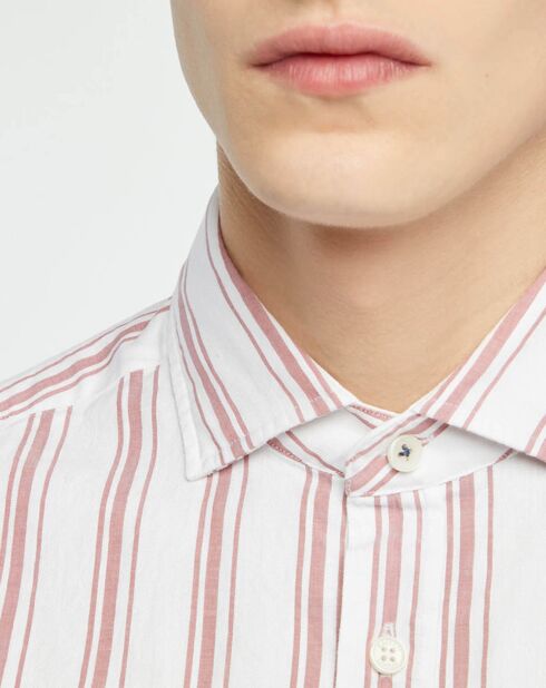 Chemise Slim Fit en Coton & Lin Washed à rayures écru/bordeaux