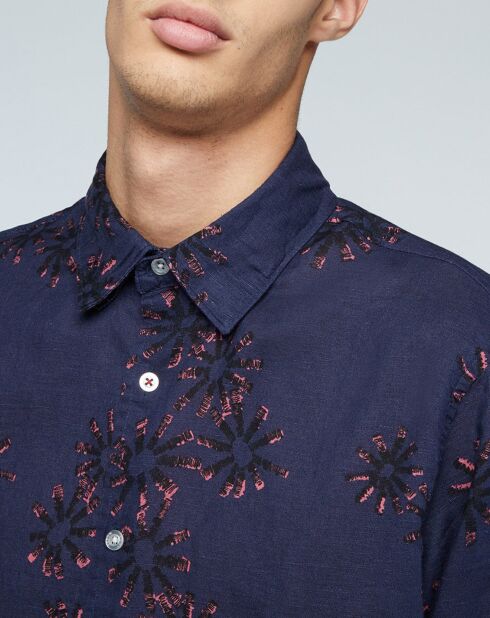 Camicia dritta Constantine in lino e cotone con stampa blu marino