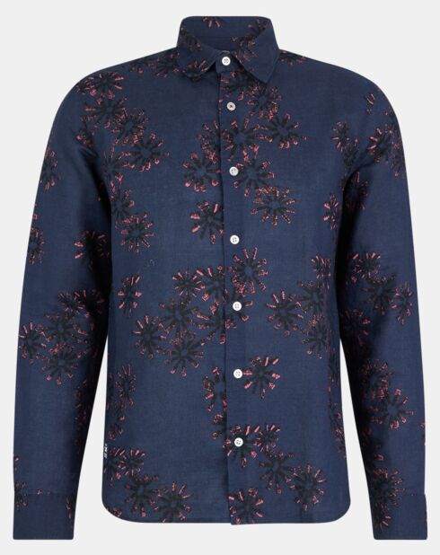 Camicia dritta Constantine in lino e cotone con stampa blu marino