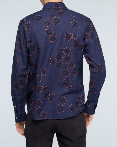 Camicia dritta Constantine in lino e cotone con stampa blu marino