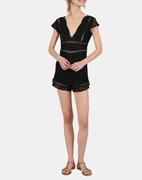 Combinaison short unie & dentelle ajourée noire