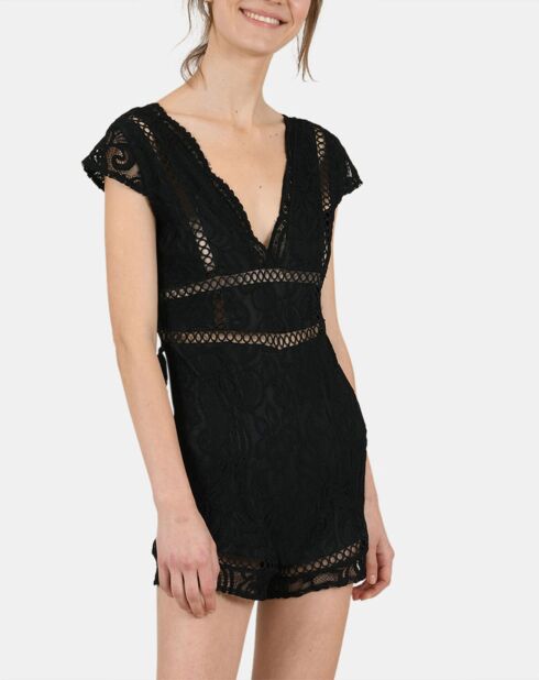 Combinaison short unie & dentelle ajourée noire