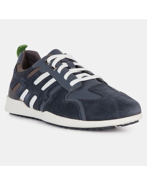 Sneakers en Velours de Cuir & Cuir Snake marine/taupe