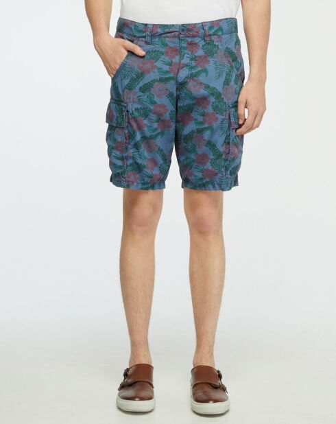 Popplin regular cargoshort met vintage blauw/groene print