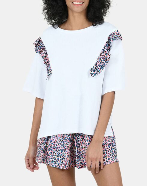 T-Shirt ample volants fleuris blanc