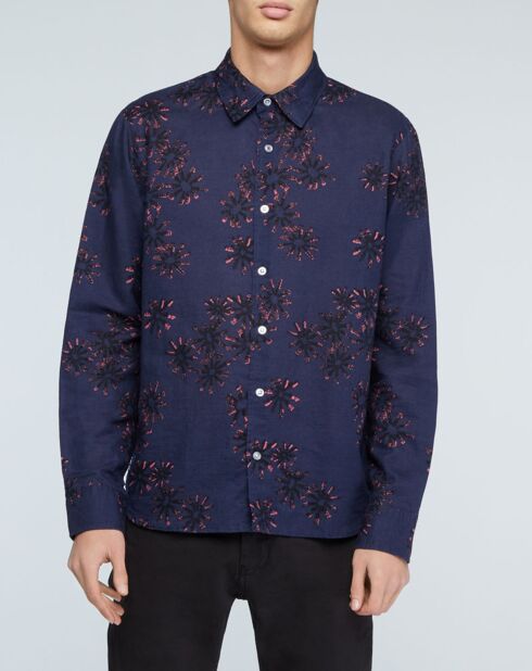 Camicia dritta Constantine in lino e cotone con stampa blu marino