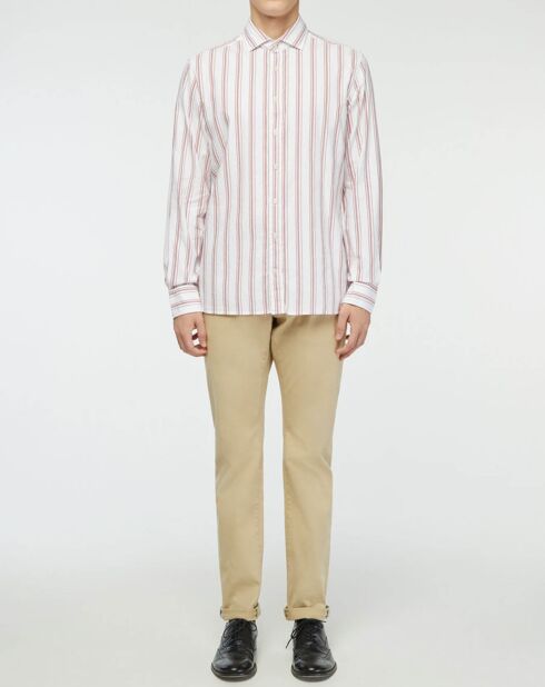 Chemise Slim Fit en Coton & Lin Washed à rayures écru/bordeaux