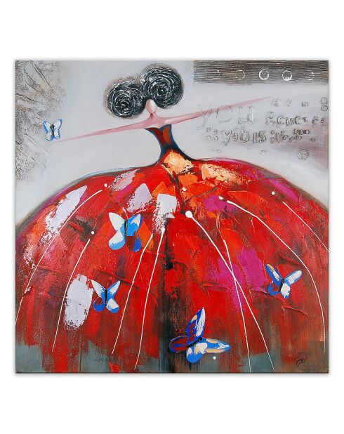 Peinture Femme avec papillons multicolore - 100x100 cm