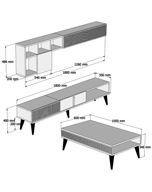 Set mobilier de salon Milan  noyer/noir - 180x40x35 cm