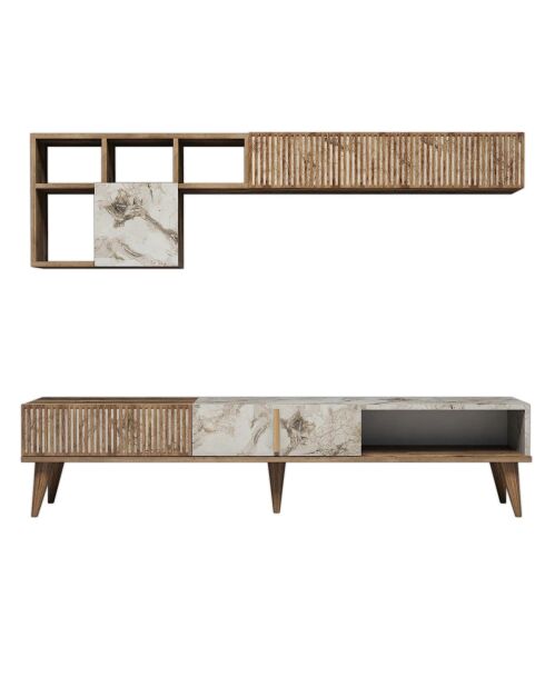 Meuble TV avec étagère Milan  noyer/blanc - 180x40x35 cm