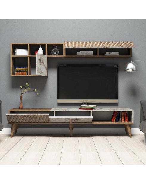 Meuble TV avec étagère Milan  noyer/blanc - 180x40x35 cm