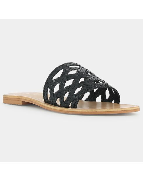 Opengewerkte leren muiltjes met zwart web