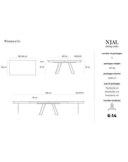 Table extensible Njal marron - 100x180x76 cm