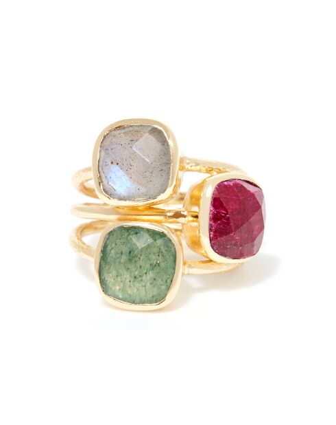 Bague Elsa Aventurine, Labradorite & Rubis en laiton doré
