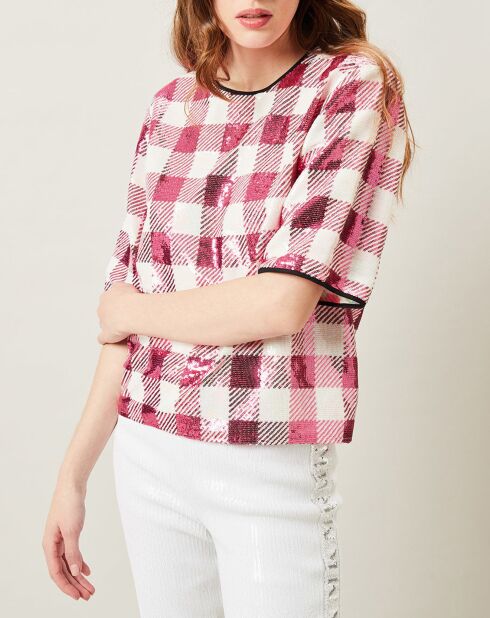 Top Saint-Tropez en sequins rose/blanc