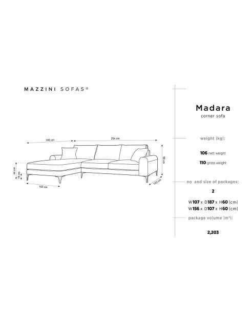 Canapé d'angle gauche Velours 5 places Madara beige - 254x182x90 cm