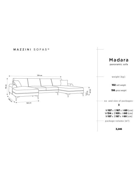 Madara Royal Blue 6-zits fluwelen panoramische bank - 334x182x90 cm