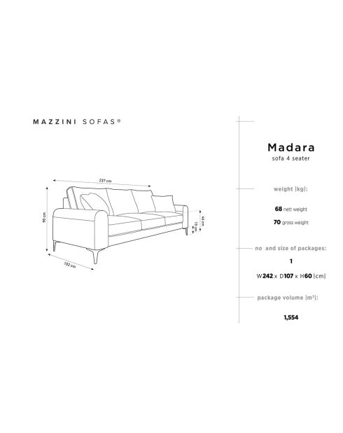 Canapé 4 places Madara beige - 237x102x90 cm