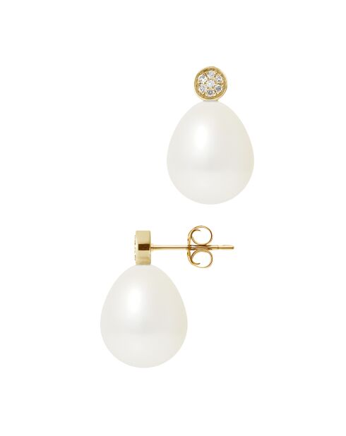 Ohrringe aus Gelbgold, 0,02 ct Diamanten und natürliche weiße Birnen-Süßwasserperlen