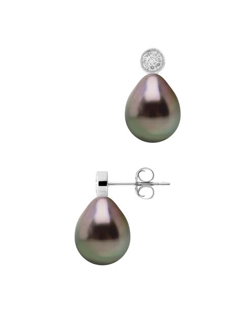 Witgouden oorbellen, 0.02 ct diamanten en tahitiaanse parels van peer